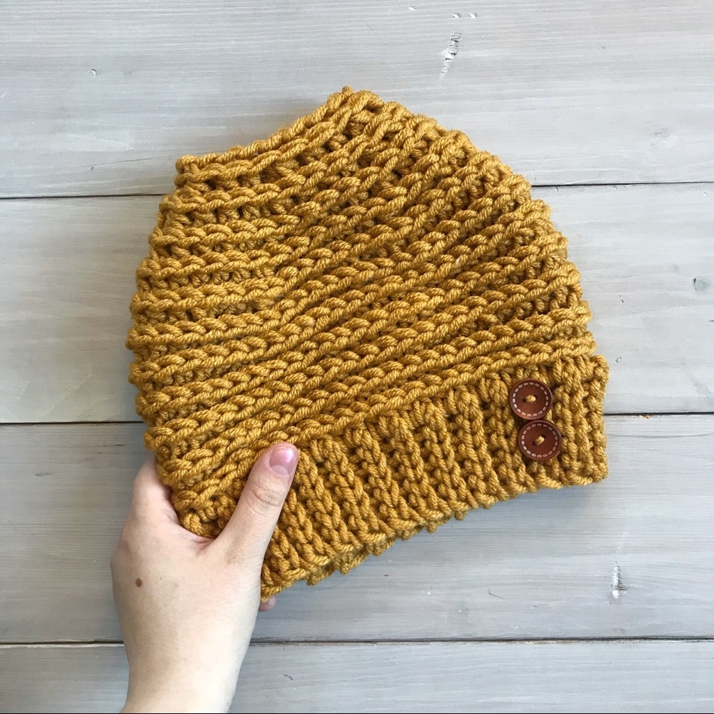Mustard Gold Adult Crochet Messy Bun Hat